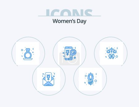 Téléchargez les illustrations : Womens Day Blue Icon Pack 5 Icon Design. mobile. love. day. day. women - en licence libre de droit