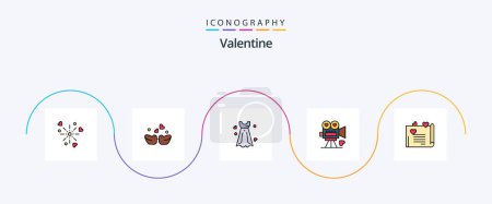 Téléchargez les illustrations : Valentine Line Filled Flat Pack de 5 icônes comprenant une lettre d'amour. amour. robe. caméra vidéo. caméra - en licence libre de droit