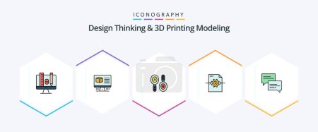 Illustration for Design Thinking And D Printing Modeling 25 FilledLine icon pack including comment. arrow. research. setting. file - Royalty Free Image