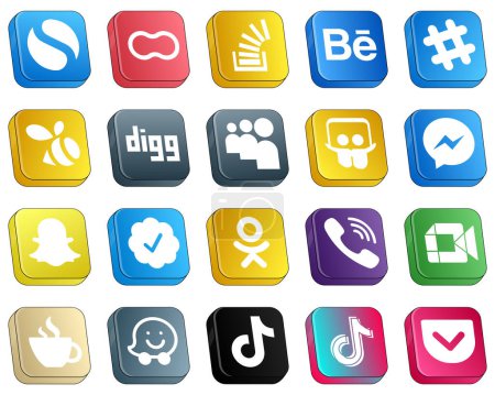 Téléchargez les illustrations : 20 Isometric 3D Social Media Brand Icons such as snapchat. facebook. behance. messenger and myspace icons. High-definition and versatile - en licence libre de droit