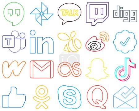 Illustration for 20 Attractive Colourful Outline Social Media Icons such as gmail. wattpad. professional. twitter verified badge and china Eye-catching and high-resolution - Royalty Free Image