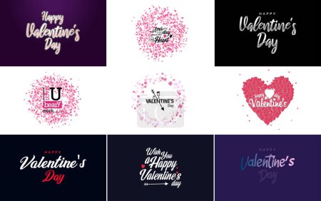 Téléchargez les illustrations : Happy Valentine's Day typography design with a watercolor texture and a heart-shaped wreath - en licence libre de droit