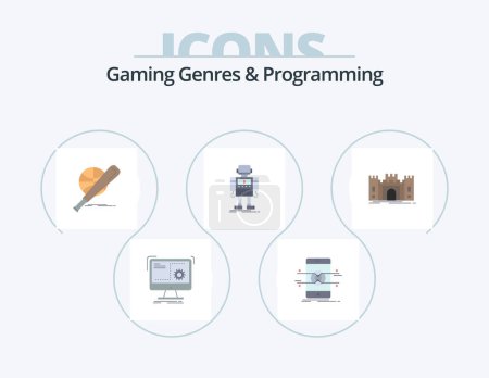 Téléchargez les illustrations : Genres de jeu et programmation Flat Icon Pack 5 Icon Design. robot. autonome. téléphone. Amusant. balle - en licence libre de droit
