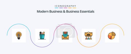 Téléchargez les illustrations : Modern Business And Business Essentials Line Filled Flat 5 Icon Pack Including envelope. communication. desk. email. supply - en licence libre de droit