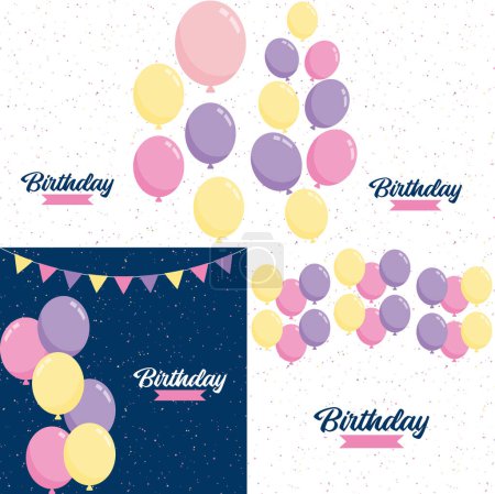 Illustration for Happy Birthday in a playful. cartoon font with a background of presents and party favors - Royalty Free Image