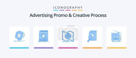 Ilustración de Promoción publicitaria y proceso creativo Blue 5 Icon Pack Incluyendo financiera. análisis. prototipo. navegación. mapa. Diseño de iconos creativos - Imagen libre de derechos