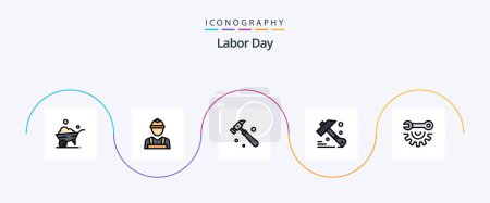 Téléchargez les illustrations : Labor Day Line Filled Flat 5 Icon Pack Including . hand tools. construction. garage tools. tool - en licence libre de droit