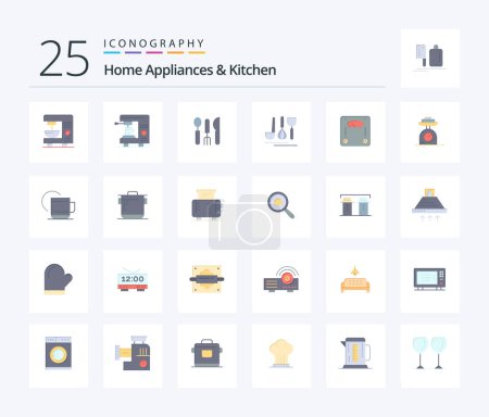 Téléchargez les illustrations : Home Appliances And Kitchen 25 Flat Color icon pack including kitchen. service. machine. hotel . tea - en licence libre de droit