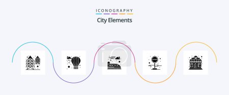 Téléchargez les illustrations : City Elements Glyph 5 Icon Pack Including . shop. suburban. restaurant. stop - en licence libre de droit