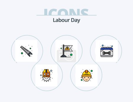 Téléchargez les illustrations : Labour Day Line Filled Icon Pack 5 Icon Design. saw. garlands. blades. flag. celebration - en licence libre de droit