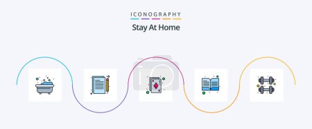 Téléchargez les illustrations : Stay At Home Line Pack rempli plat de 5 icônes incluant la maison. livre ouvert. ace. lecture. livre - en licence libre de droit