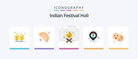 Téléchargez les illustrations : Holi Flat 5 Icon Pack Including party. food. fire. bread. flag. Creative Icons Design - en licence libre de droit