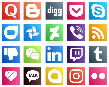 Illustration for 20 Social Media Icons for Your Branding such as facebook. feed. google duo. rss and rakuten icons. Eye catching and high quality - Royalty Free Image