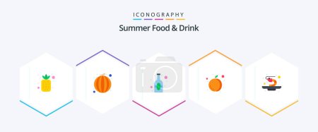 Téléchargez les illustrations : Summer Food and Drink 25 Pack icône plat comprenant des crevettes. crevette. Une bière. pêche. produits alimentaires - en licence libre de droit