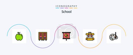 Téléchargez les illustrations : Ligne d'école rempli plat Pack de 5 icônes y compris le dessin. art. dispositif. à l'école. sac - en licence libre de droit