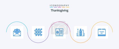 Téléchargez les illustrations : Pack de 5 icônes bleu Thanksgiving incluant le grain. automne. moisson. thanksgiving. menu - en licence libre de droit