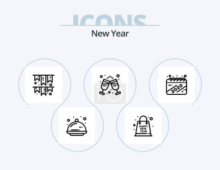 Ilustración de New Year Line Icon Pack 5 Icon Design. Año Nuevo. Pastel. Cuenta atrás. tiempo de fiesta. Saludos. - Imagen libre de derechos