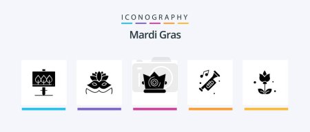 Illustration for Mardi Gras Glyph 5 Icon Pack Including present. bouquet. king. trumpet. horn. Creative Icons Design - Royalty Free Image