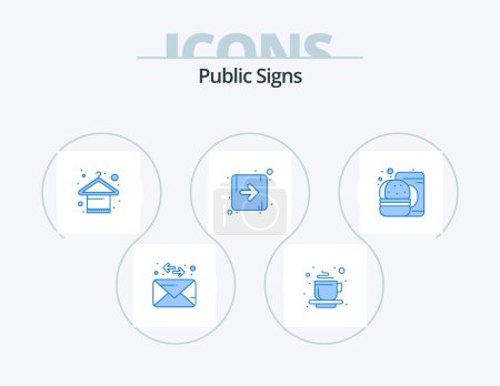 Ilustración de Public Signs Blue Icon Pack 5 Icon Design. food. drink. hanger. burger. direction - Imagen libre de derechos
