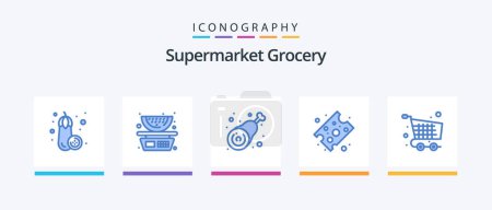 Téléchargez les illustrations : Grocery Blue 5 Icon Pack Including shopping. cart. bone. piece of cheese. cheese. Creative Icons Design - en licence libre de droit