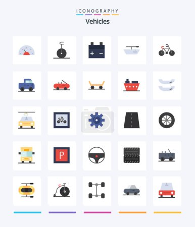 Téléchargez les illustrations : Creative Vehicles 25 Flat icon pack  Such As pickup. car. battery. transport. bicycle - en licence libre de droit