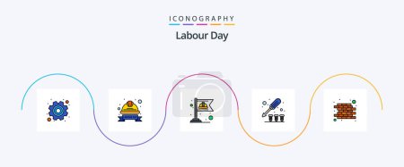 Téléchargez les illustrations : Labour Day Line Filled Flat 5 Icon Pack Including brick. tool. labour badge. screw. labour - en licence libre de droit