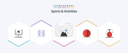 Téléchargez les illustrations : Sports et activités Pack de 25 icônes plates avec boule en cuir. balle de cricket. équipement de cricket. la nature. jeu - en licence libre de droit