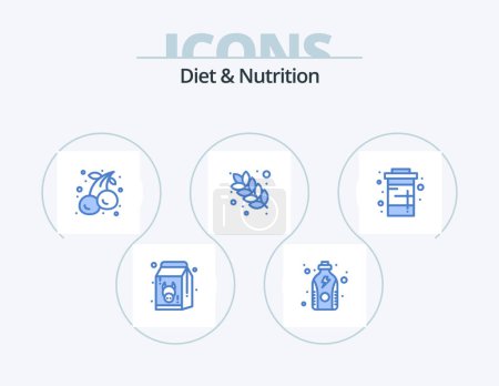 Téléchargez les illustrations : Alimentation et nutrition Blue Icon Pack 5 Icon Design. Coca. du grain. protéines. la nourriture. fruits - en licence libre de droit