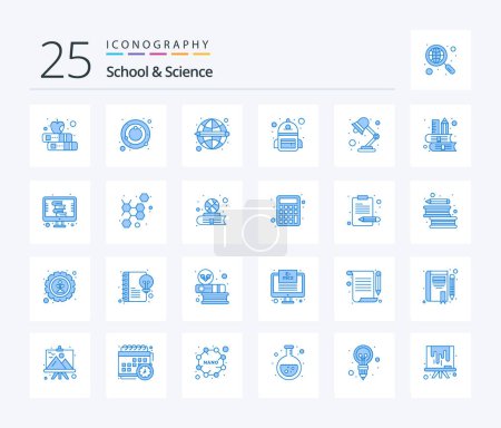 Téléchargez les illustrations : Pack d'icônes School And Science 25 Blue Color incluant la lumière. l'éducation. étudiant. sac - en licence libre de droit