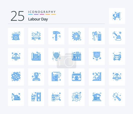 Téléchargez les illustrations : Labour Day 25 Blue Color icon pack including construction. repair. wrench. maintenance. watch kit - en licence libre de droit