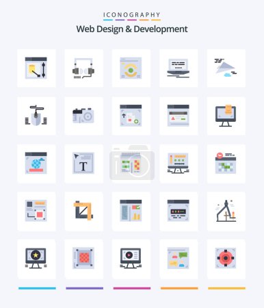 Téléchargez les illustrations : Conception et développement créatifs Web 25 Pack d'icônes plates telles que la conception. avion. page web. avion en papier. web - en licence libre de droit