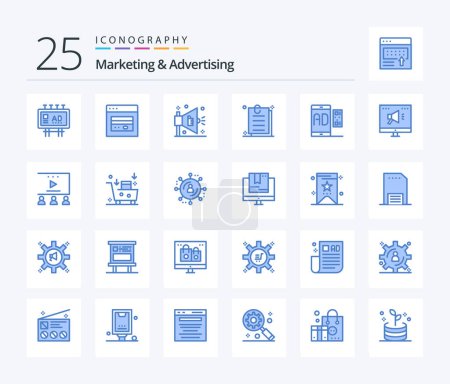 Illustration for Marketing And Advertising 25 Blue Color icon pack including marketing. ad. marketing. paper. contract - Royalty Free Image