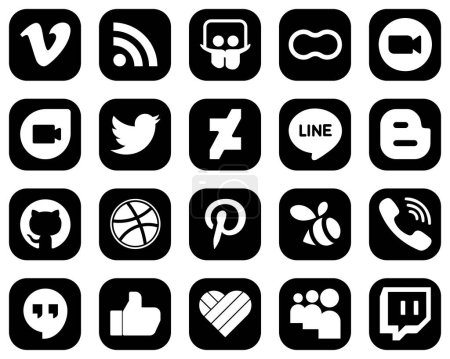 Illustration for 20 Unique White Social Media Icons on Black Background such as blogger. deviantart. zoom. tweet and google duo icons. Elegant and high-resolution - Royalty Free Image