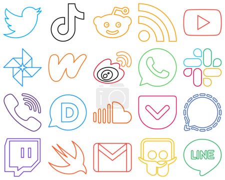 Illustration for 20 Vibrant Colourful Outline Social Media Icons such as china. weibo. rss. literature and google photo Customizable and high-resolution - Royalty Free Image
