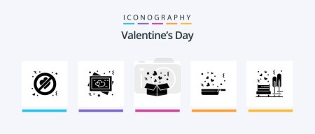 Téléchargez les illustrations : Valentines Day Glyphe 5 Icône Pack Date incluse. romantisme. boîte. amour. cuisiner. Icônes créatives Design - en licence libre de droit
