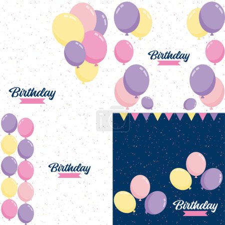 Ilustración de Happy Birthday text with a 3D. glossy finish and abstract shapes - Imagen libre de derechos