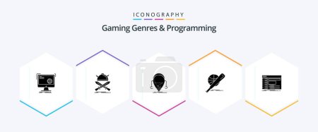 Ilustración de Gaming Genres And Programming 25 Glyph icon pack including ball. baseball. warrior. technology. droid - Imagen libre de derechos