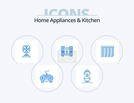 Ilustración de Home Appliances And Kitchen Blue Icon Pack 5 Icon Design. speaker. woofer. hot. machine. fan - Imagen libre de derechos