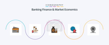 Illustration for Banking Finance And Market Economics Line Filled Flat 5 Icon Pack Including gold. bank. hand. bag. charity - Royalty Free Image