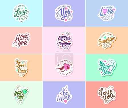Téléchargez les illustrations : Saying I Love You with Valentine's Day Typography and Graphics Stickers - en licence libre de droit