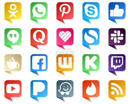 Illustration for 20 High Resolution Chat bubble style Social Media Icons such as fb. quora. streaming and slack icons. Creative and professional - Royalty Free Image