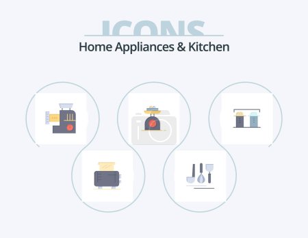 Téléchargez les illustrations : Home Appliances And Kitchen Flat Icon Pack 5 Icon Design. paper. weight. mixer. weighing. machine - en licence libre de droit