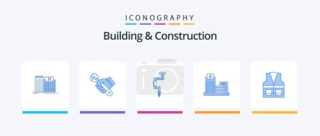 Téléchargez les illustrations : Bâtiment Et Construction Bleu 5 Icône Pack Y compris réel. bâtiment. outils. Eh bien. outil. Icônes créatives Design - en licence libre de droit
