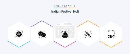 Téléchargez les illustrations : Holi 25 Glyph icon pack including india. flower. color plate. celebration. water - en licence libre de droit