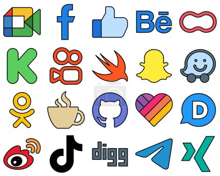 Illustration for 20 Distinctive Line Filled Social Media Icons such as waze. swift. behance. kuaishou and kickstarter Unique and professional - Royalty Free Image