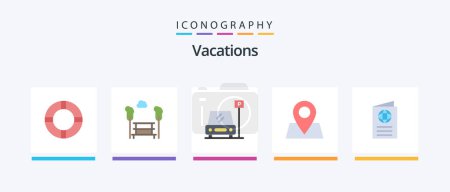 Ilustración de Vacaciones Piso 5 Icon Pack Incluyendo pasaporte. globo. aparcamiento. tarjeta. puntero. Diseño de iconos creativos - Imagen libre de derechos