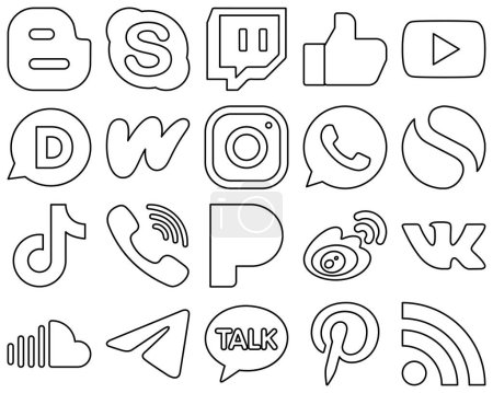 Ilustración de 20 Esquema minimalista y de alta calidad Negro Iconos de medios sociales como tiktok. whatsapp. iconos de vídeo e instagram. Elegante y único - Imagen libre de derechos