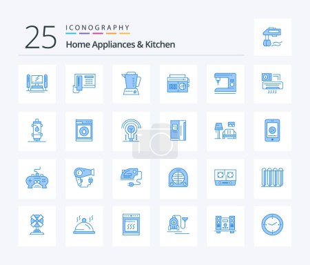 Téléchargez les illustrations : Home Appliances And Kitchen 25 Blue Color icon pack including electric. media. blender. audio. radio - en licence libre de droit
