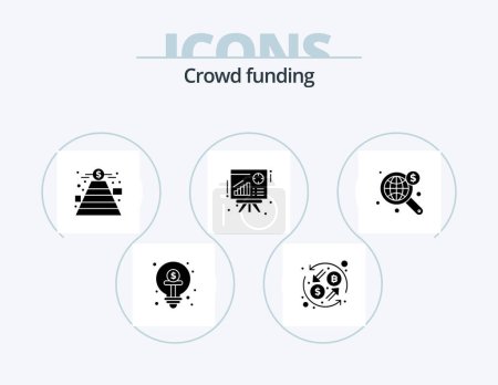 Téléchargez les illustrations : Crowdfunding Glyph Icon Pack 5 Icon Design. search. presentation. transformation. chart. money - en licence libre de droit