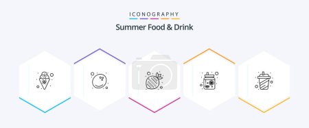 Ilustración de Comida y bebida de verano 25 paquete de iconos de la línea incluyendo batido. taza. frutas. tarro de albañil. bebidas - Imagen libre de derechos
